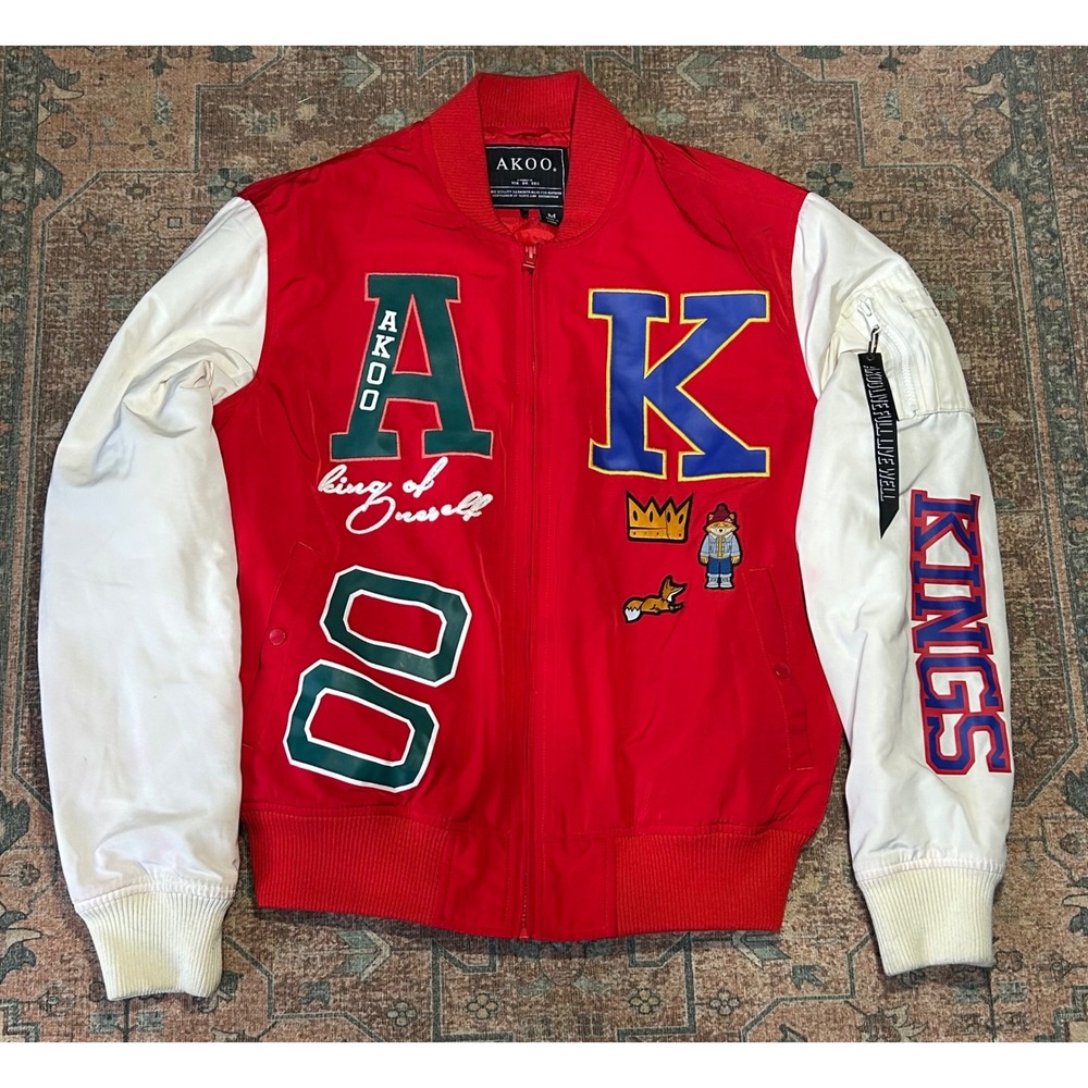 AKOO King of Oneself Varsity Bomber Jacket Red White Mens Medium Streetwear